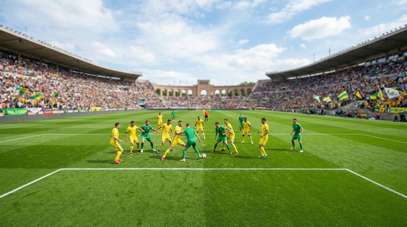 Intensive Spielszene zwischen zwei Mannschaften auf einem WM-Rasen