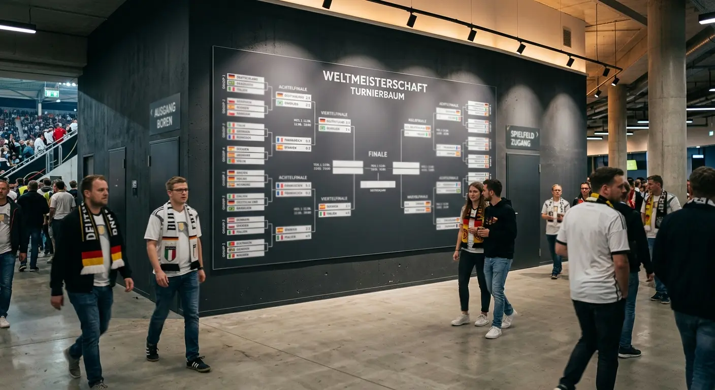 Übersicht über einen WM-Spielplan, der an einer Wandtafel in einem Stadionfoyer hängt