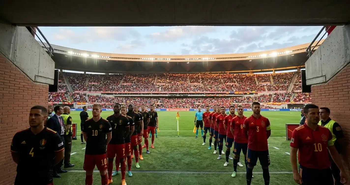 Vorbericht-Szene: ein Lederfußball liegt auf dem Rasen vor dem Anpfiff, Flutlicht an