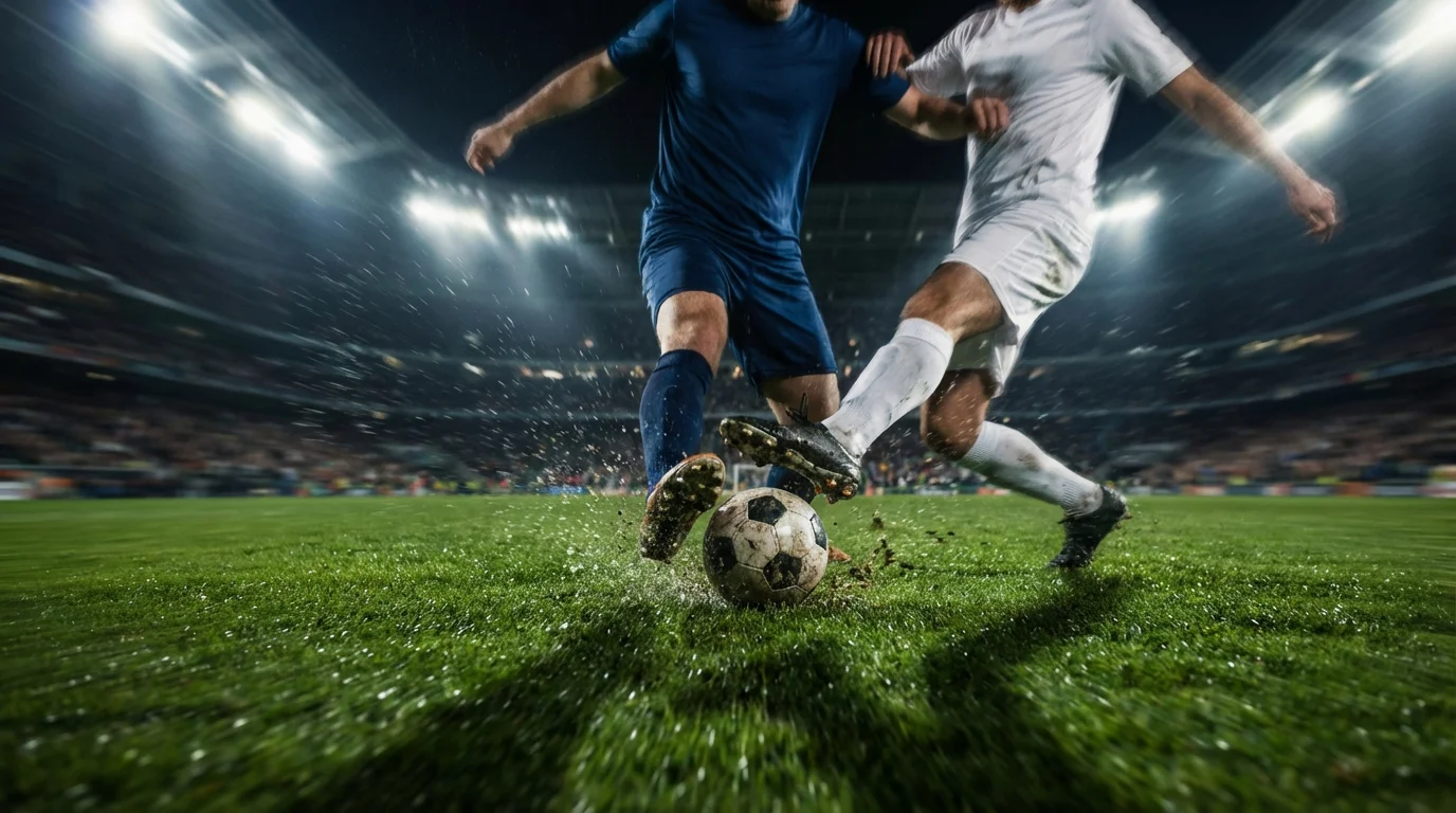 Fußballspieler bei einem Zweikampf auf dem Spielfeld während eines Nachtspiels