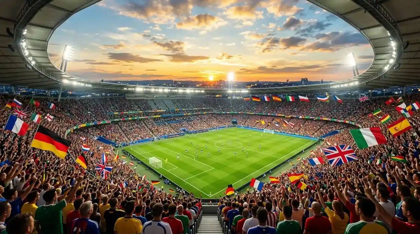 Weitwinkelaufnahme eines vollen Stadions bei Sonnenuntergang mit Fahnen der teilnehmenden Nationen