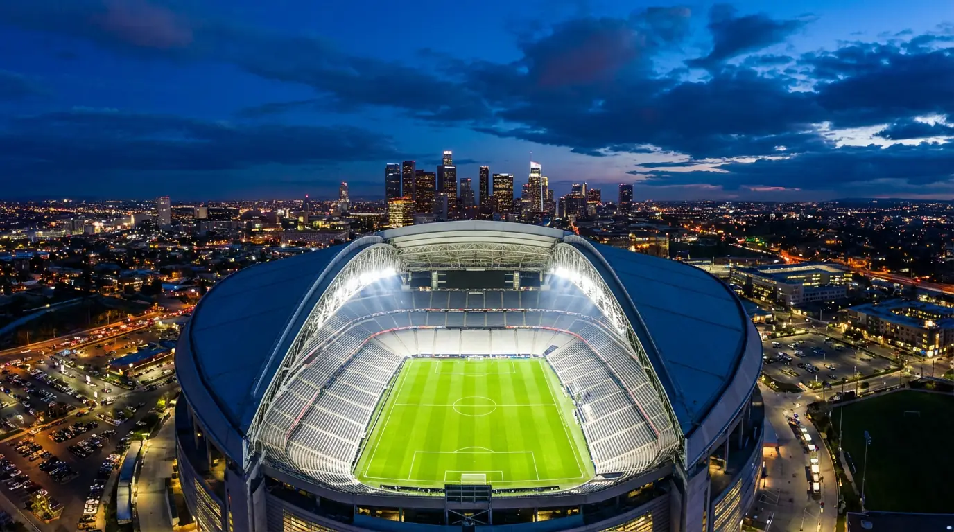 Modernes Fußballstadion in den USA bei Sonnenuntergang mit gefüllten Tribünen