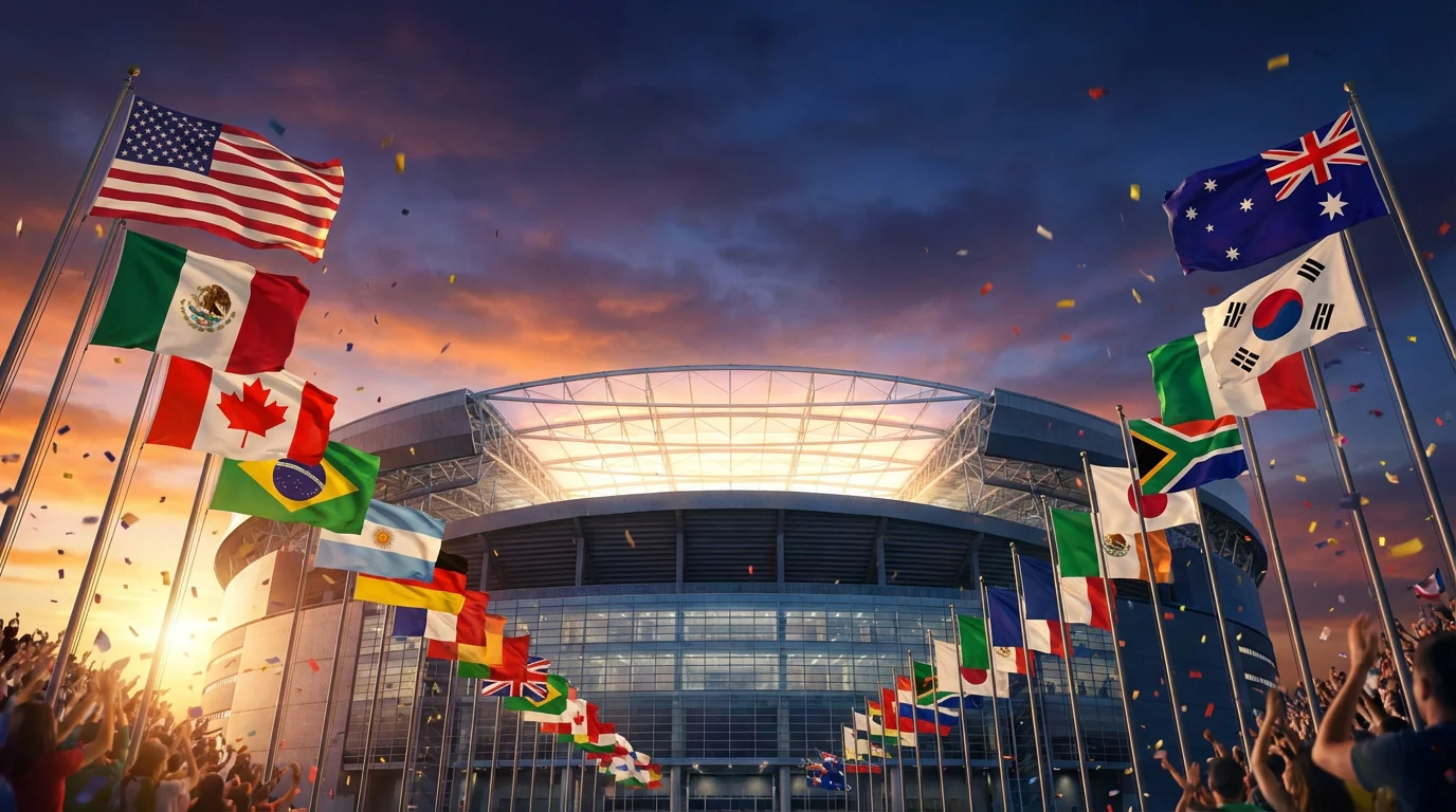 Flaggen der 48 WM 2026 Teilnehmerländer vor nordamerikanischer Stadionkulisse