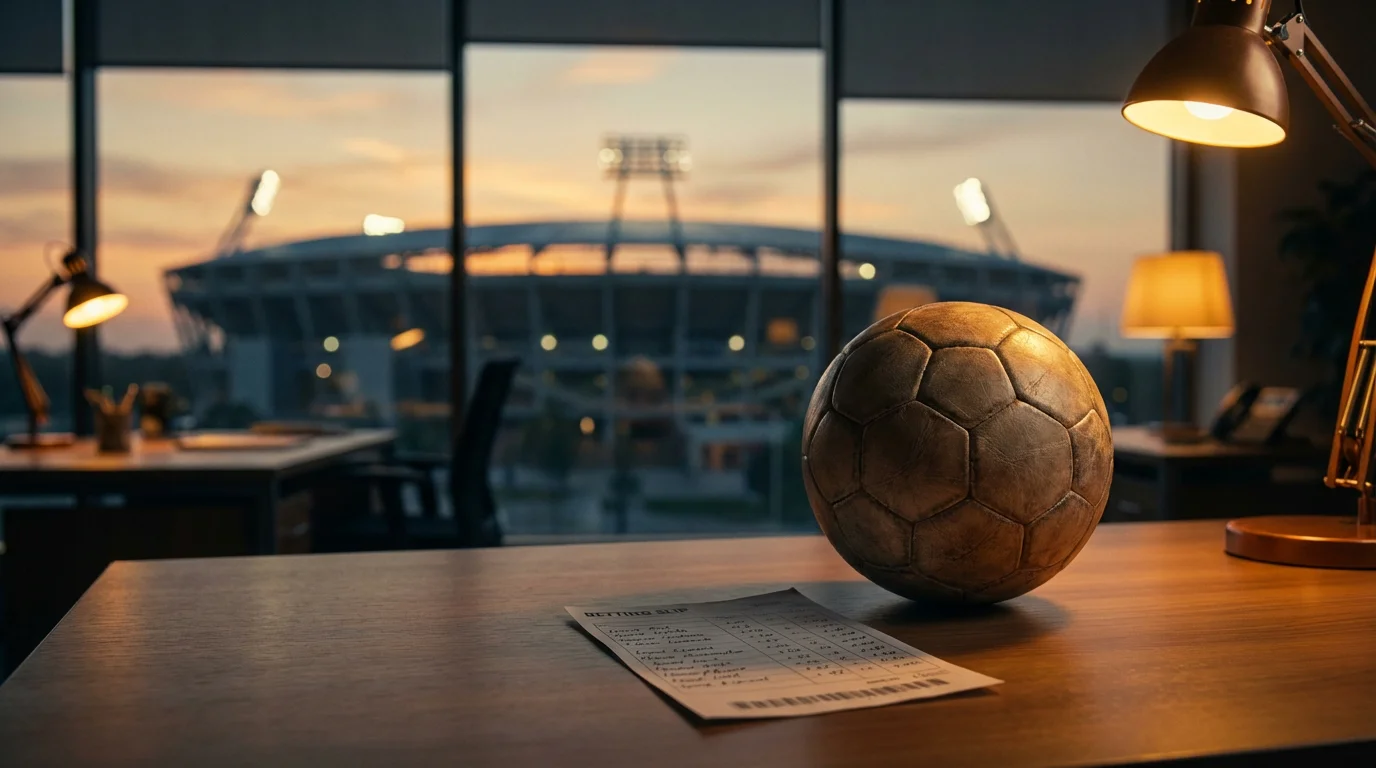 Fußball und Wettschein vor dem Hintergrund nordamerikanischer Stadien zur WM 2026