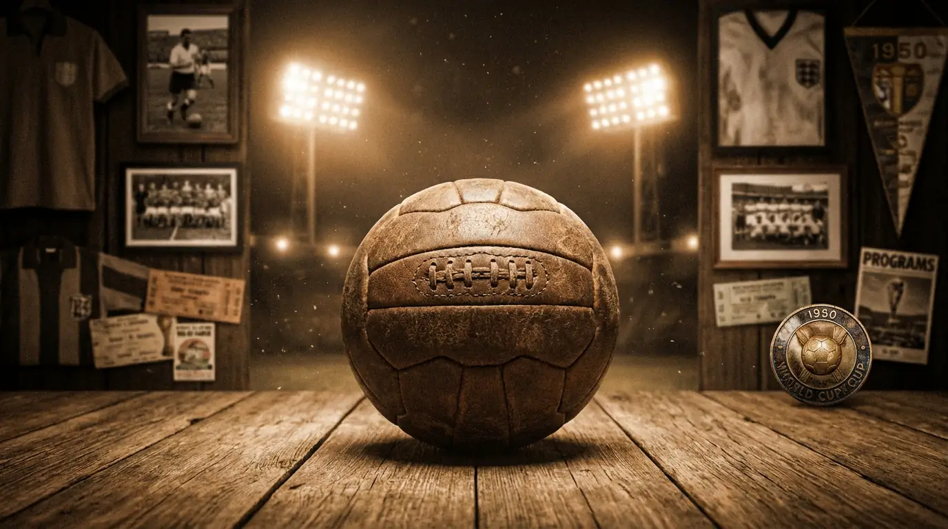 Historische Collage der Fußball-Weltmeisterschaften von 1930 bis zur Gegenwart mit ikonischen Momenten